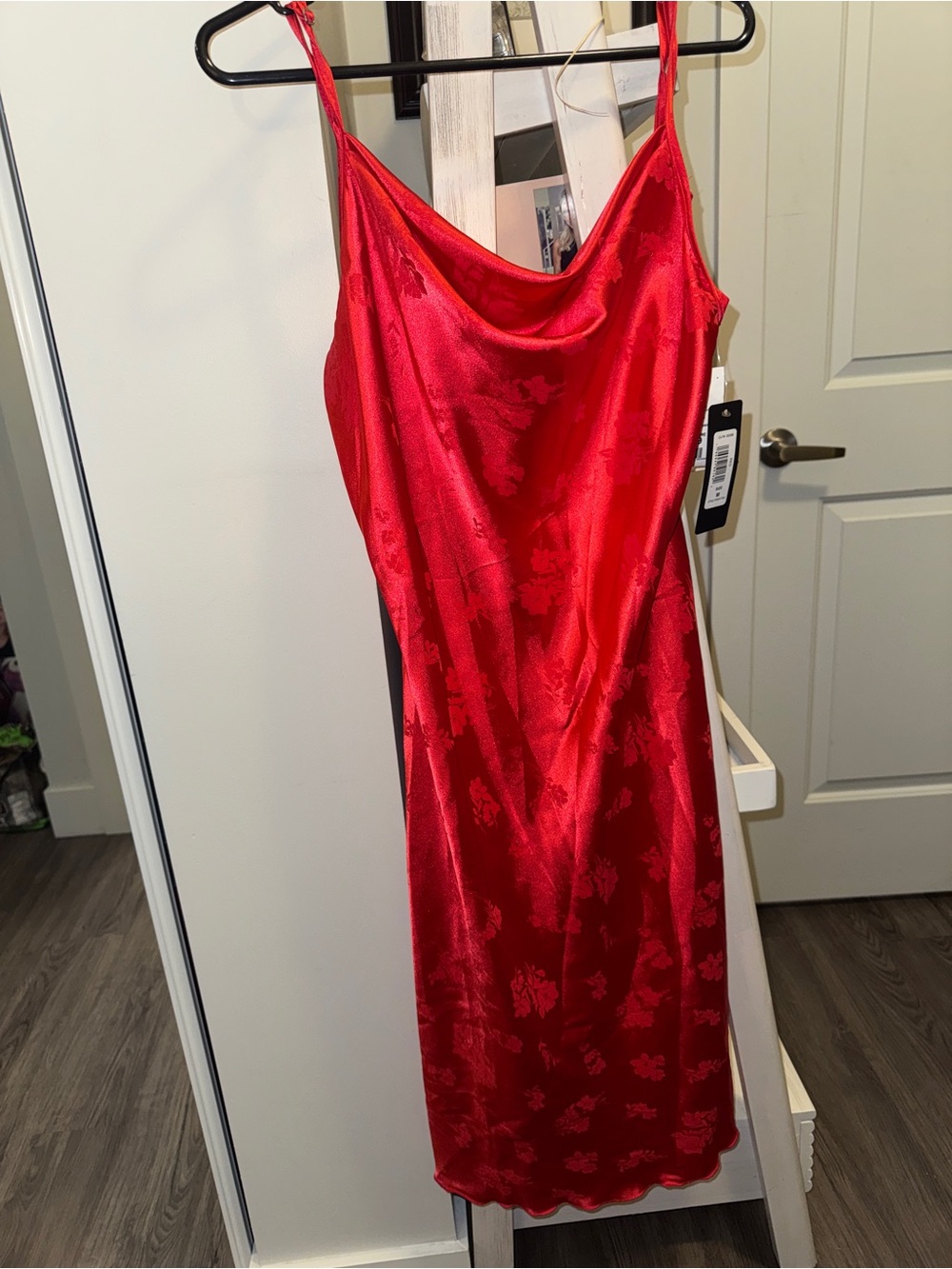 bebe Bright Red Satin Slip Dress with Floral Jacquard